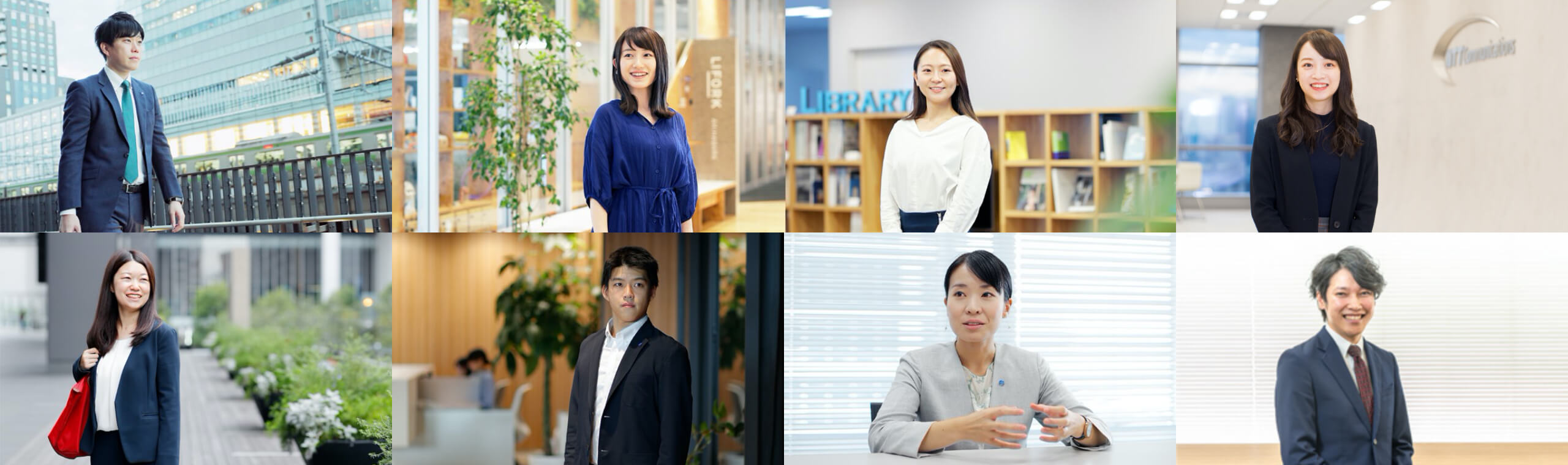 NTTグループで採用された社員(8名)がそれぞれ笑顔・真剣な表情で撮影されたものを1枚にまとめた写真
