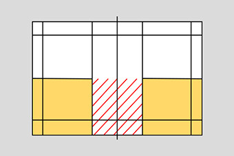 Image: For singles matches, only half the court is used; the area from the net to the short service line is defined as 