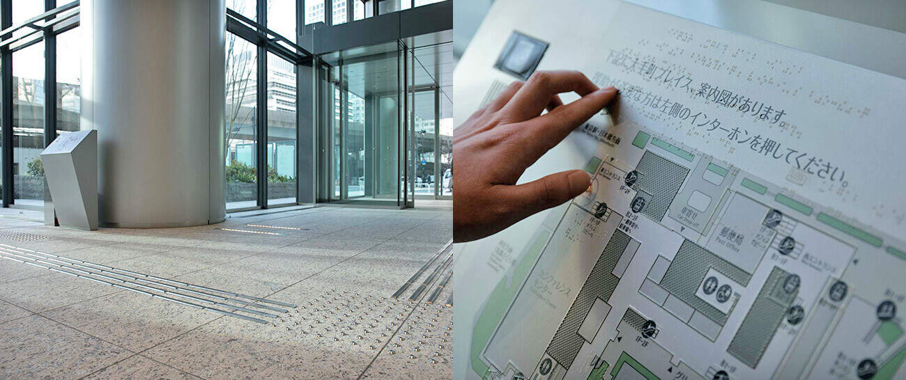 Image Left: Tactile paving leading to the intercom Image Right: Floor map marked with Braille