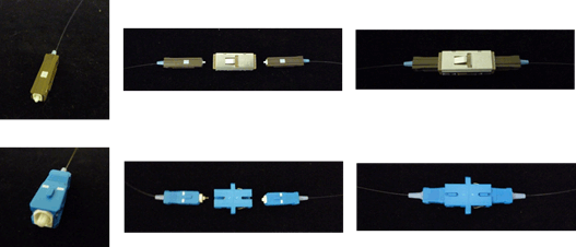 Figure 6   Overview photos and optical connection image of MU-type (top) and SC-type (bottom) optical connectors.