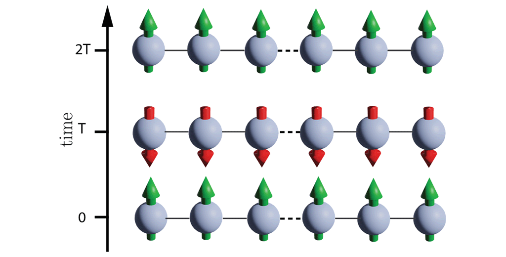 Figure 1 Dynamics of a 2T-DTC. Driving performs a global rotation on all spins every period T. The system takes 2T to go back to its initial position.