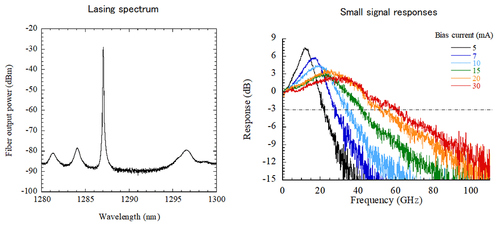 Fig. 5. Lasing spectrum and small-signal responses of the device without reflection at the facet.
