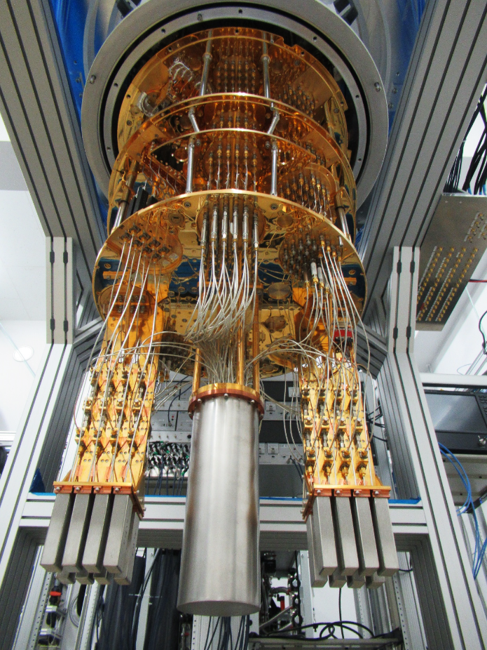 Figure 5: Wiring inside the dilution refrigerator of the 64 qubit superconducting quantum computer A 64 qubit integrated circuit chip is placed in a central cylindrical magnetic shield to connect control and readout wiring. In operations, it is necessary to cool the periphery of the chip to about 10 mK (about -273 °C), so the entire chip is placed in a vacuum insulated container and cooled by a dilution refrigerator.