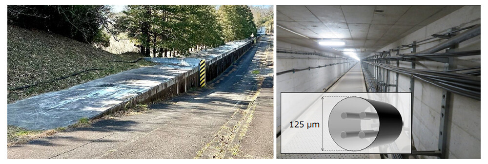Fig. 4 Fiber installation environment within NTT Laboratories, underground facilities, and cross-section of multi-core fiber