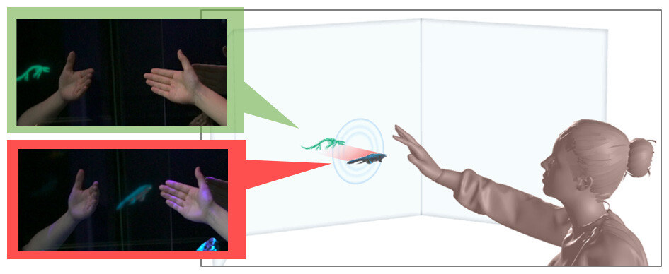 Figure 1 Viewing Image of Mirror-Transcending Aerial Imaging / Note. Aerial images inside (upper left) and outside the mirror (lower left).