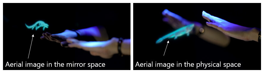 Figure 3 Interaction with Aerial Images in Mirror Space (left) and Physical Space (right)