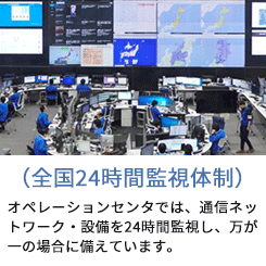 （全国24時間監視体制）オペレーションセンタでは、通信ネットワーク・設備を24時間監視し、万が一の場合に備えています。