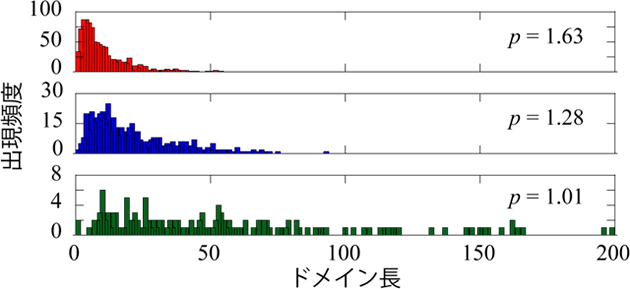 図7：ドメイン長分布のポンプ光振幅依存性。