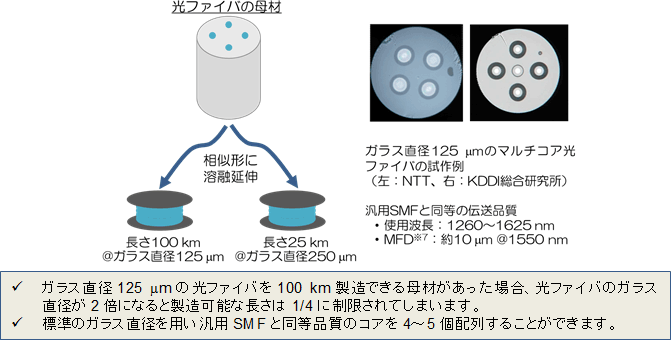 図2　ガラス直径の拡大による製造性低下のイメージと標準ガラス直径を用いたマルチコア光ファイバの試作例
