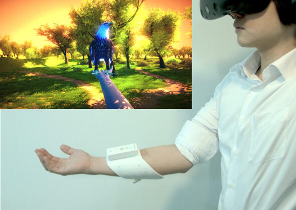 図4．機能素材hitoe®を実装したUnlimitedHand®によるVRアプリケーションイメージ