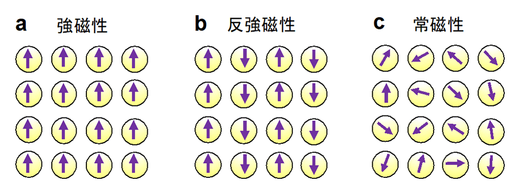 図6a：強磁性、図6b：反強磁性、図6c：常磁性（非磁性）の模式図。各矢印が原子の磁化を表しています。