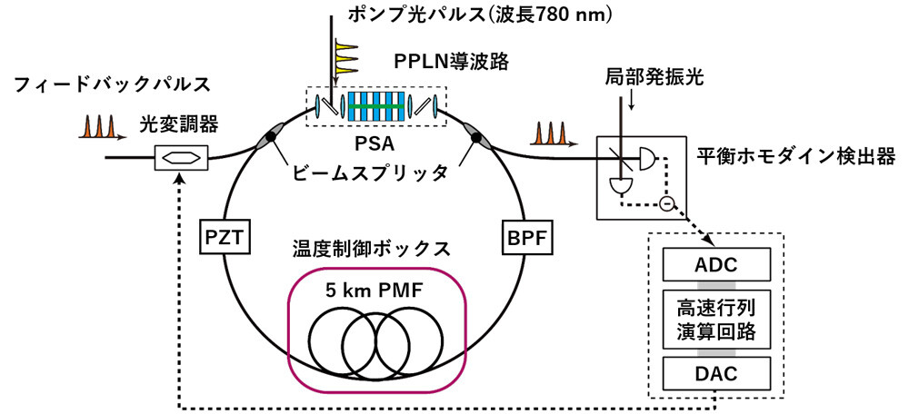 図4. CIM実験系の詳細。PZT:ピエゾ素子によるファイバ位相制御器、BPF:光バンドパスフィルタ、PMF:偏波保持ファイバ、ADC:アナログ-デジタル変換器、DAC:デジタル-アナログ変換器。