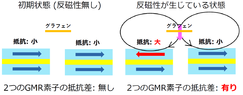 図2：GMR素子を用いた磁気センサによる反磁性の電気的測定の概念図