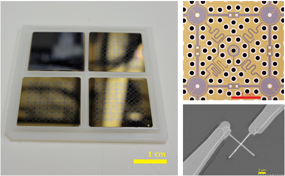 図1  64量子ビット集積回路チップ （左）　量子計算を行う64量子ビット2次元集積回路チップ。4量子ビットからなる基本ユニットを16個並べた設計で、超伝導体である窒化チタン膜により金色に輝く。 （右上）4つの量子ビットからなる基本ユニットの模式図。正方形四隅に量子ビットが並び、中央に読み出し回路を配置している。 （右下）量子ビットを構成するジョセフソン接合部分の電子顕微鏡写真。