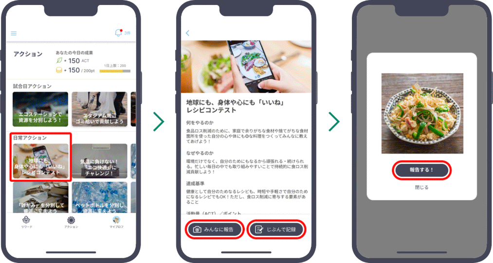 （2）日常アクション一覧から自分に合う行動を見つけて、日常的に行動してみてアプリで記録・共有
