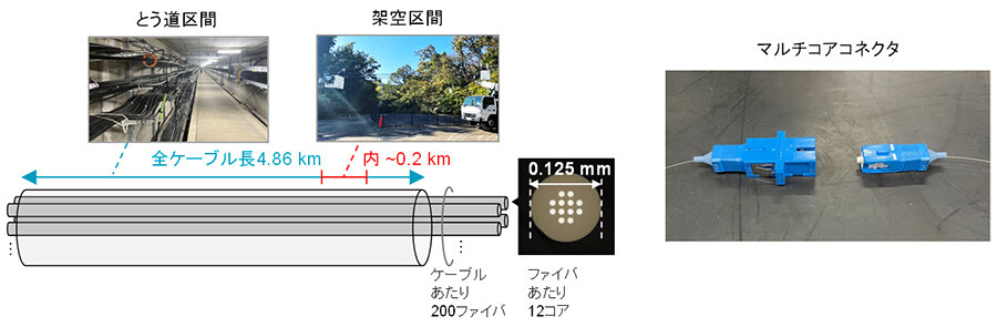 図3：敷設されたマルチコアケーブルの敷設区間概要（左）とマルチコアコネクタ（右）