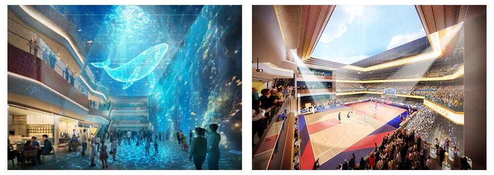 将来的な（仮称）Cross Gateでのエンターテイメントイメージ*3。（左図：バーチャルアクアリウム、右図：他会場と融合したバスケットボール観戦）。
