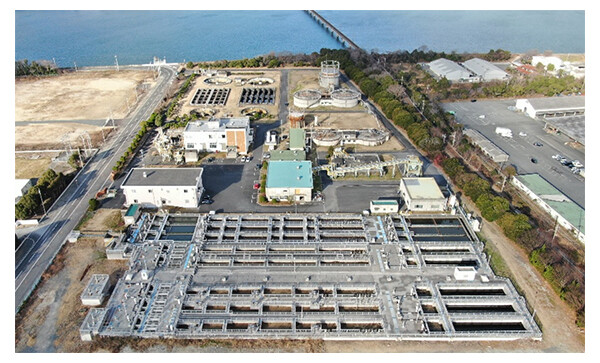 宇部市西部浄化センターの上空写真。