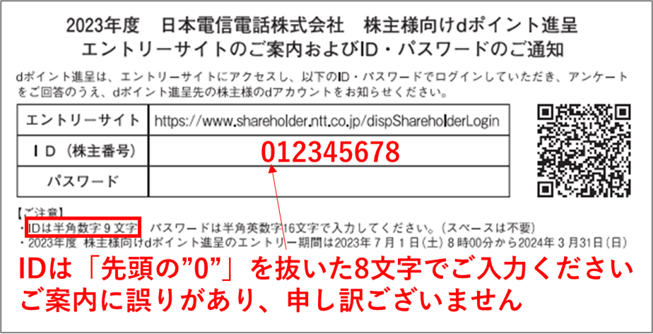 「2023年度 日本電信電話株式会社 株主様向けdポイント進呈　エントリーサイトのご案内およびID・パスワードのご通知」に記載されているエントリーサイトへのログインに必要な「ID（株主番号）」は先頭の"0"を抜いた半角数字8文字でご入力ください　ご案内に誤りがあり、申し訳ございません