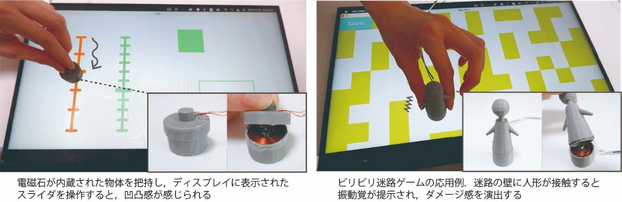 電磁石が内蔵された物体を把持し、ディスプレイに表示されたスライダを操作すると、凹凸感が感じられる ビリビリ迷路ゲームの応用例。迷路の壁に人形が接触すると振動覚が提示され、ダメージ感を演出する